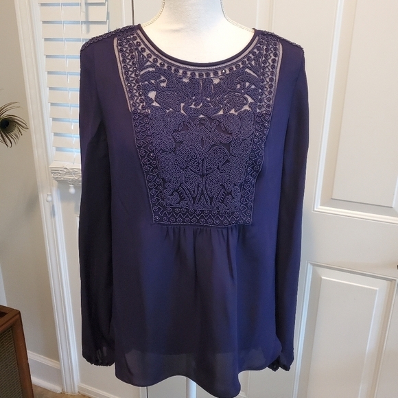 Elie‎ Tahari Franca Silk Blouse Womens Small Beaded Deep Amethyst Long Sleeve - Picture 1 of 11